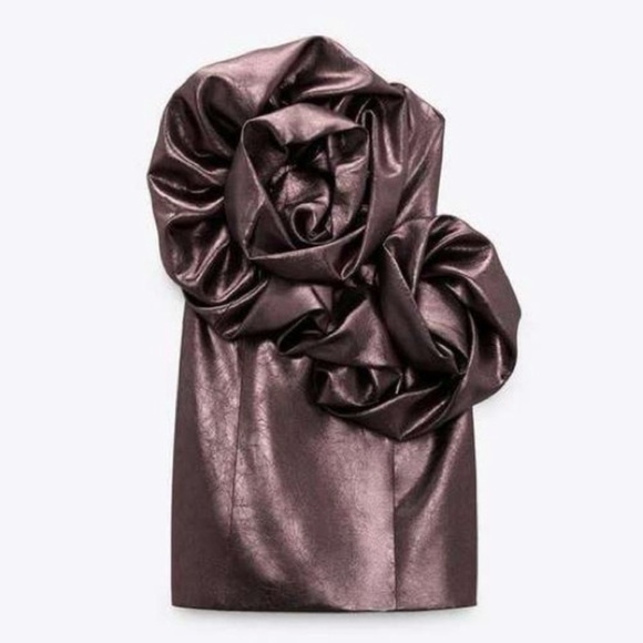 NWT Zara Voluminous Flower Rosette Bronze Brown Metallic Holiday Dress Medium - Picture 4 of 9